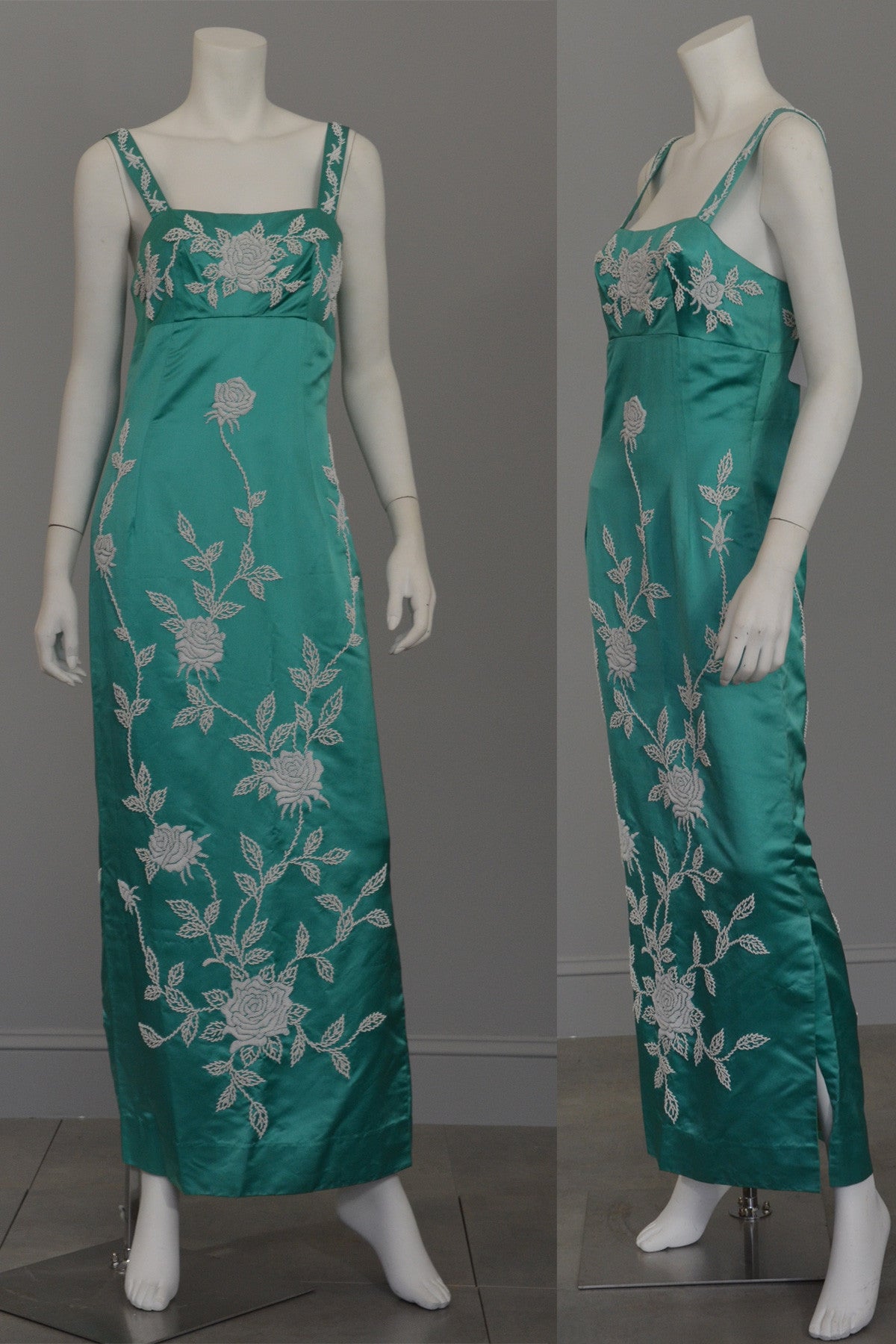 Aqua Silk Sheath Dress with Intricate Seed Bead Floral Design