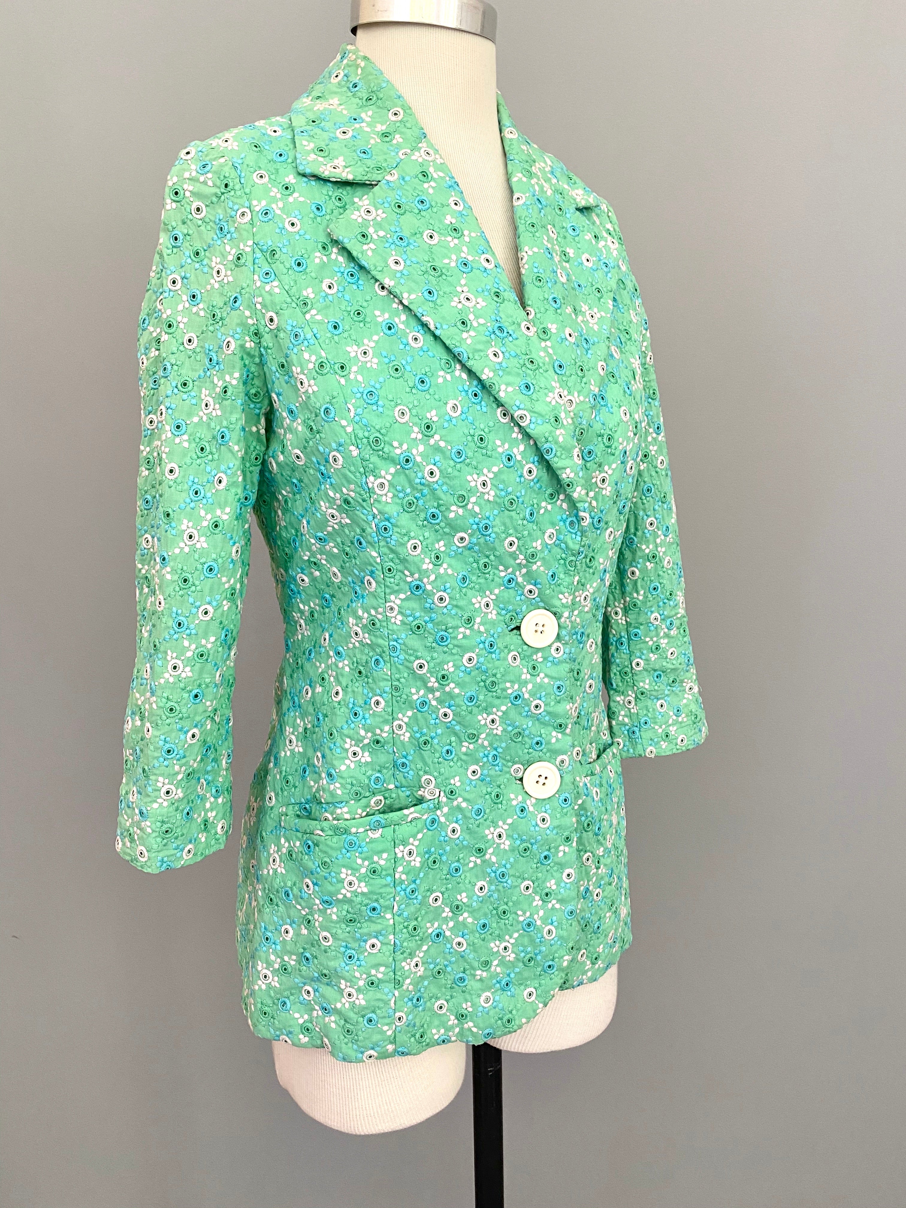 1960s Minty Green with Blue + White Embroidered Eyelet Blazer Jacket